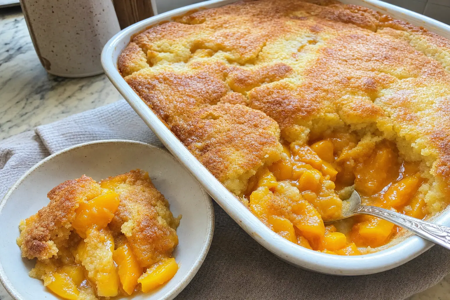 Peach Cobbler: fresh peach cobbler with cake topping — Desserts recipe | Afoodrink