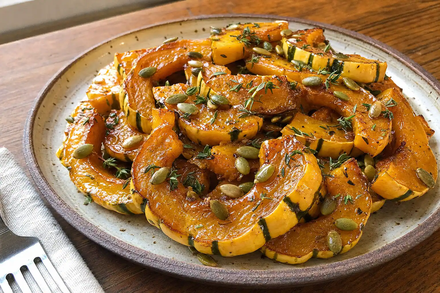 Roasted Delicata Squash with Maple, Thyme, and Pepitas: easy roasted delicata squash with skin — Salads & sides recipe | Afo…
