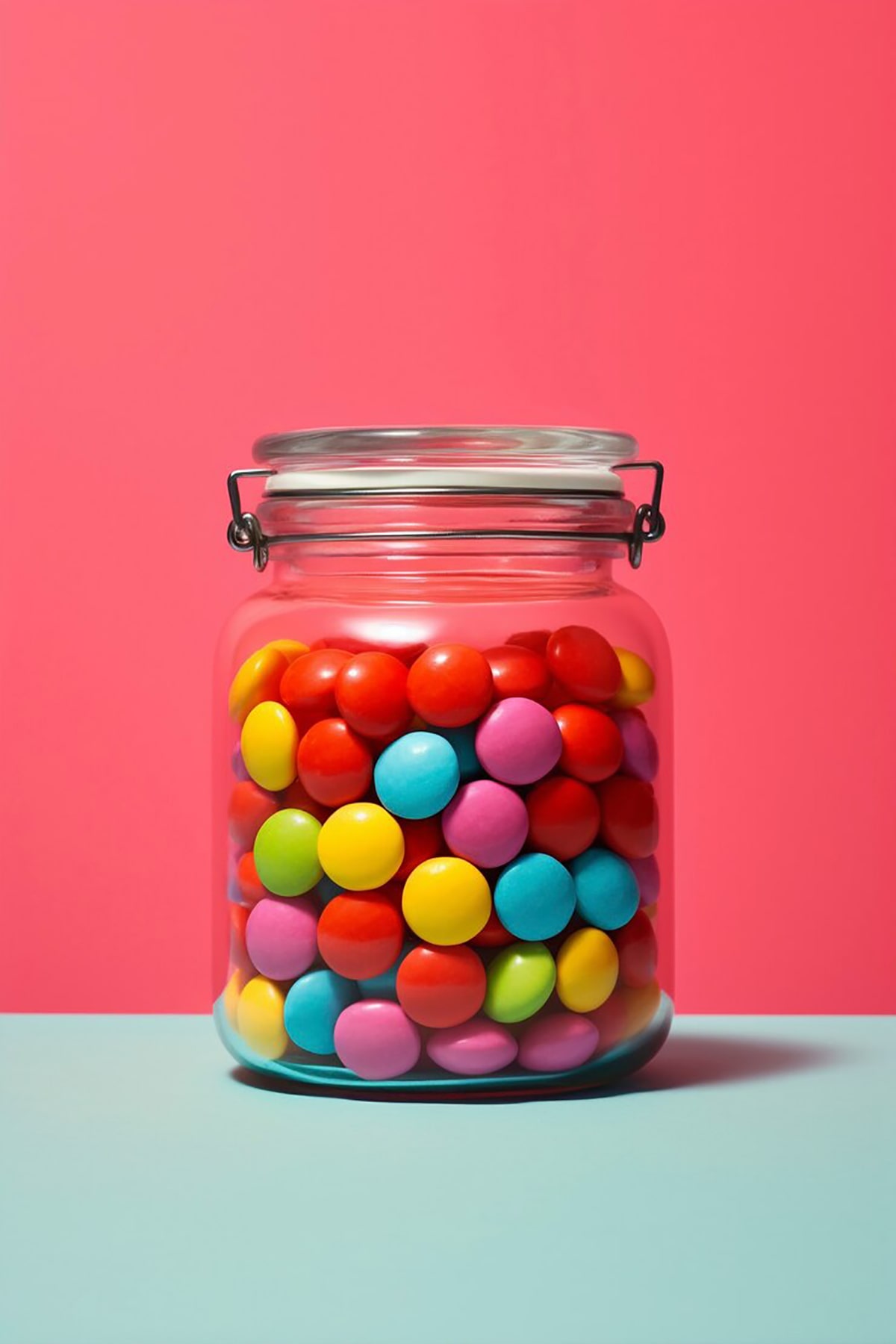 Smarties stored in an airtight plastic container on a kitchen shelf