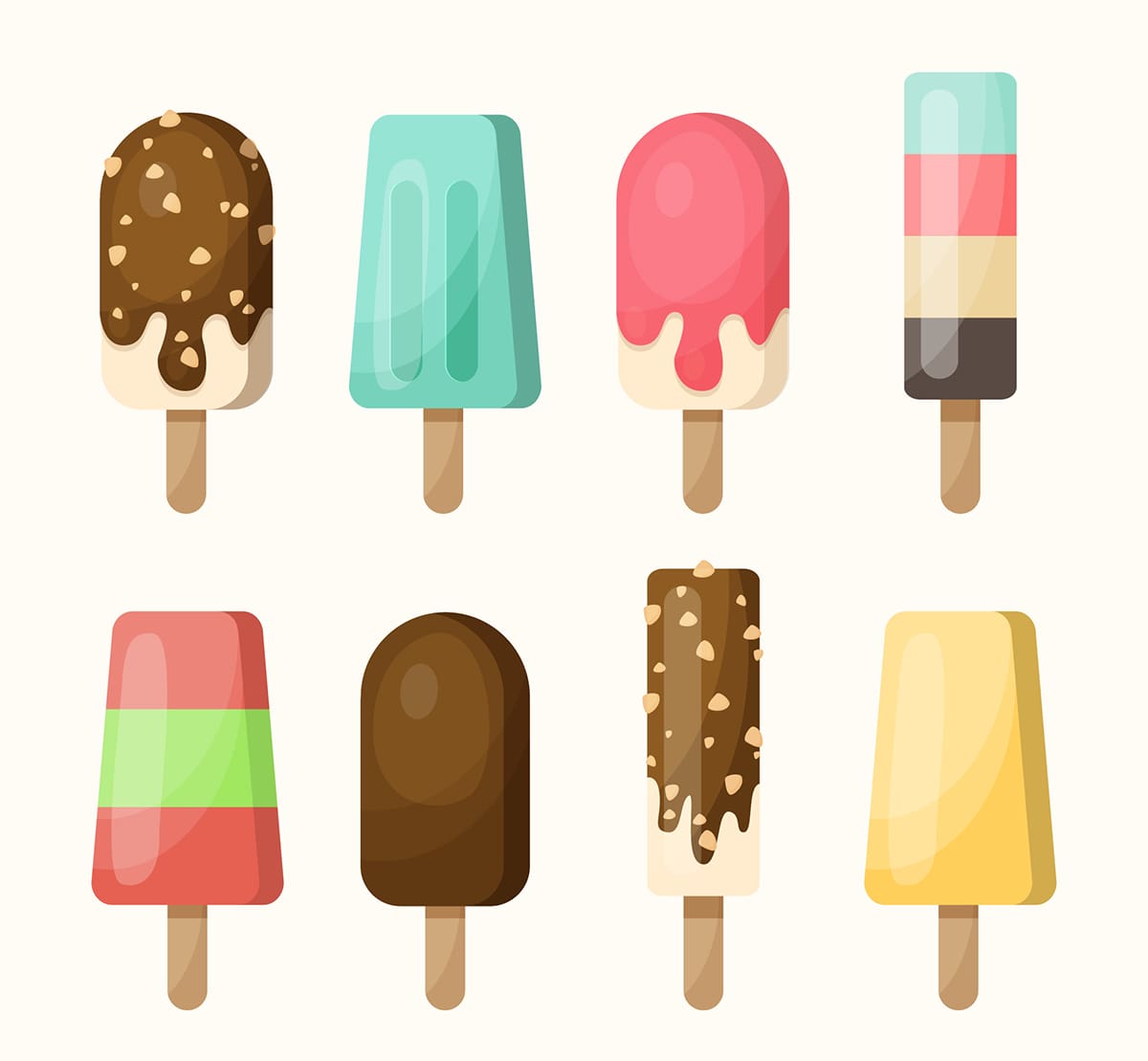 Illustration of eight colorful popsicles in various flavors and designs on a light background.