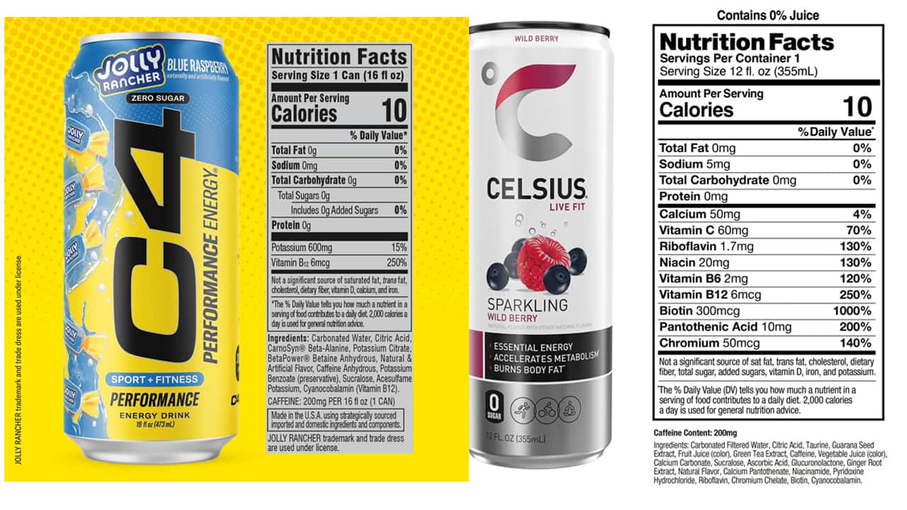 Nutrition label showing caffeine content and ingredients in energy drinks